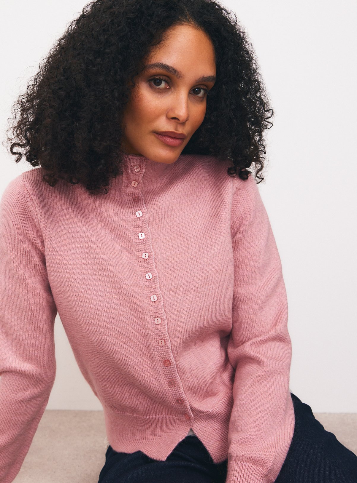 Pale Pink Funnel Neck Knitted Cardigan L - Image 2 thumbnail